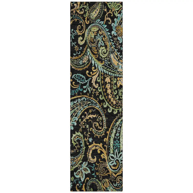 2' X 8' Black and Gold Paisley Washable Indoor Outdoor Runner Rug