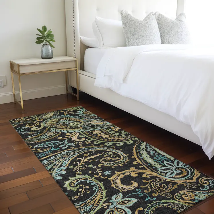 2' X 8' Black and Gold Paisley Washable Indoor Outdoor Runner Rug