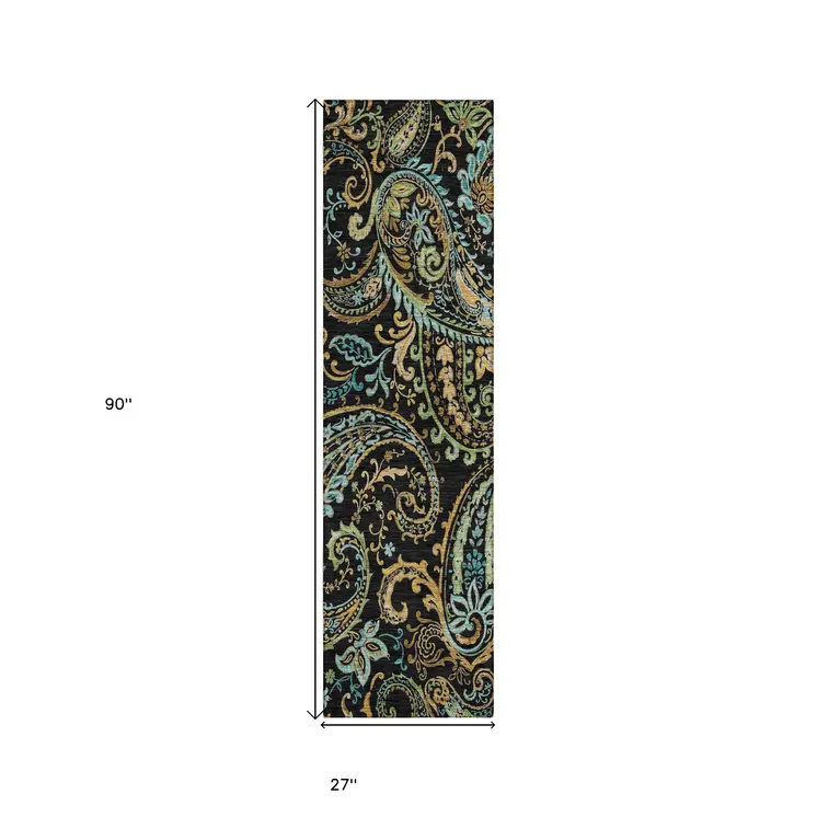 2' X 8' Black and Gold Paisley Washable Indoor Outdoor Runner Rug