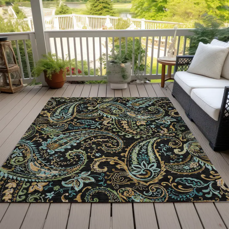 3' X 5' Black and Gold Paisley Washable Indoor Outdoor Area Rug