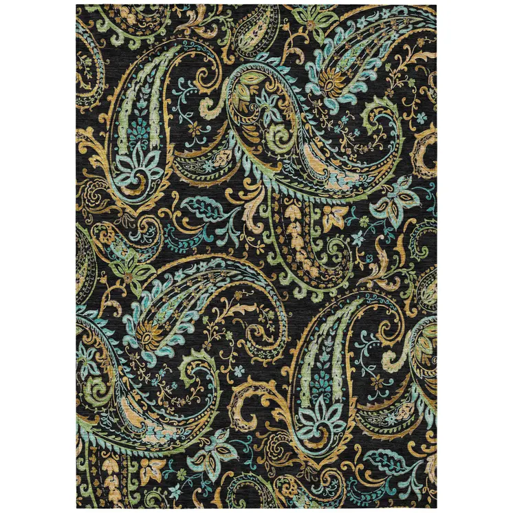 3' X 5' Black and Gold Paisley Washable Indoor Outdoor Area Rug