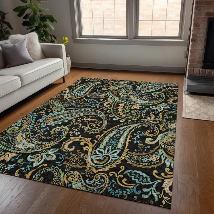 3' X 5' Black and Gold Paisley Washable Indoor Outdoor Area Rug