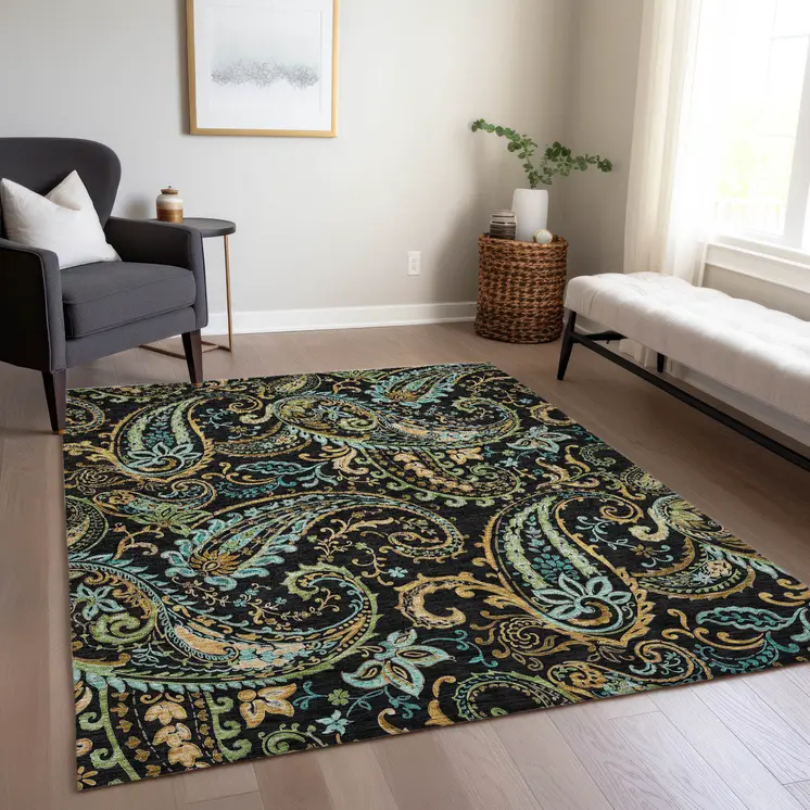 3' X 5' Black and Gold Paisley Washable Indoor Outdoor Area Rug