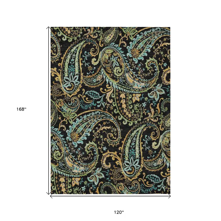 10' X 14' Black and Gold Paisley Washable Indoor Outdoor Area Rug