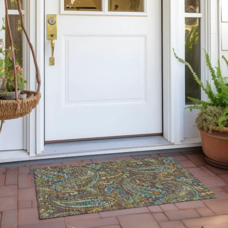 2' X 3' Brown Aqua and Gold Paisley Washable Non Skid Indoor Outdoor Area Rug