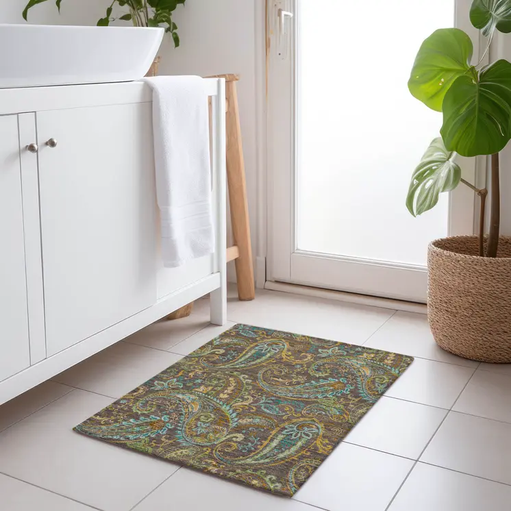 2' X 3' Brown Aqua and Gold Paisley Washable Non Skid Indoor Outdoor Area Rug