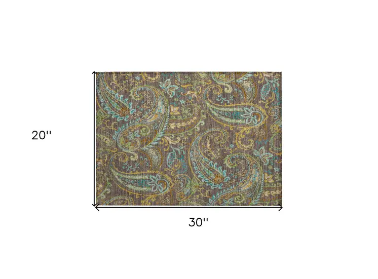2' X 3' Brown Aqua and Gold Paisley Washable Non Skid Indoor Outdoor Area Rug