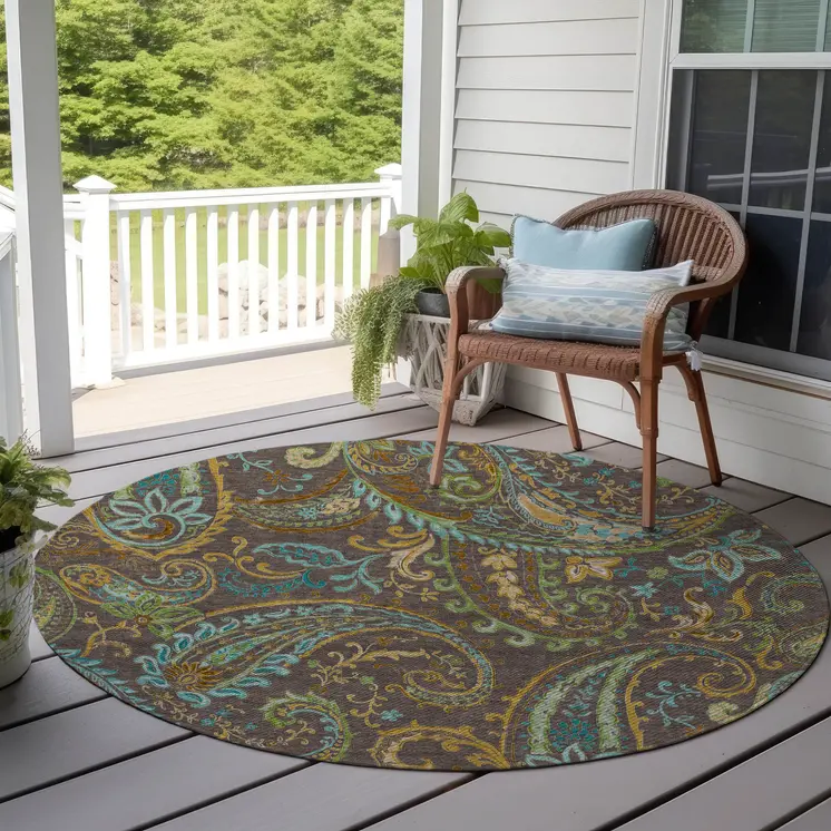 8' X 8' Brown Aqua and Gold Round Paisley Washable Non Skid Indoor Outdoor Area Rug