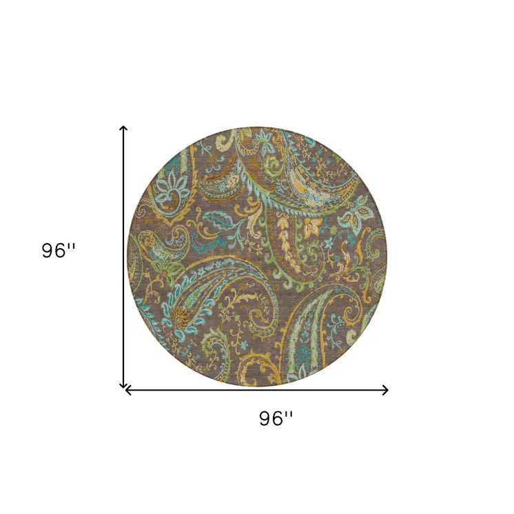 8' X 8' Brown Aqua and Gold Round Paisley Washable Non Skid Indoor Outdoor Area Rug
