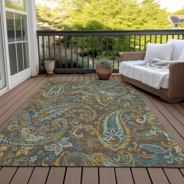 9' X 12' Brown Aqua and Gold Paisley Washable Non Skid Indoor Outdoor Area Rug