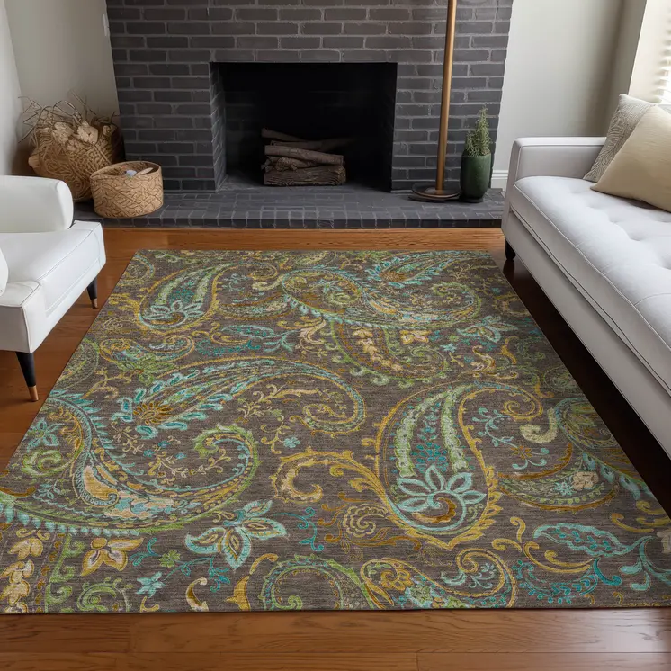 9' X 12' Brown Aqua and Gold Paisley Washable Non Skid Indoor Outdoor Area Rug