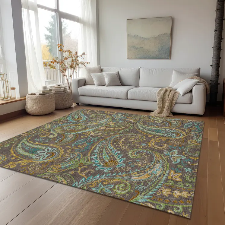 9' X 12' Brown Aqua and Gold Paisley Washable Non Skid Indoor Outdoor Area Rug