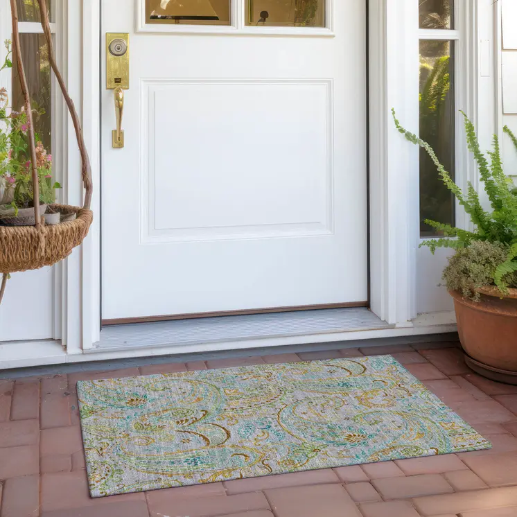 2' X 3' Gray and Gold Paisley Washable Non Skid Indoor Outdoor Area Rug