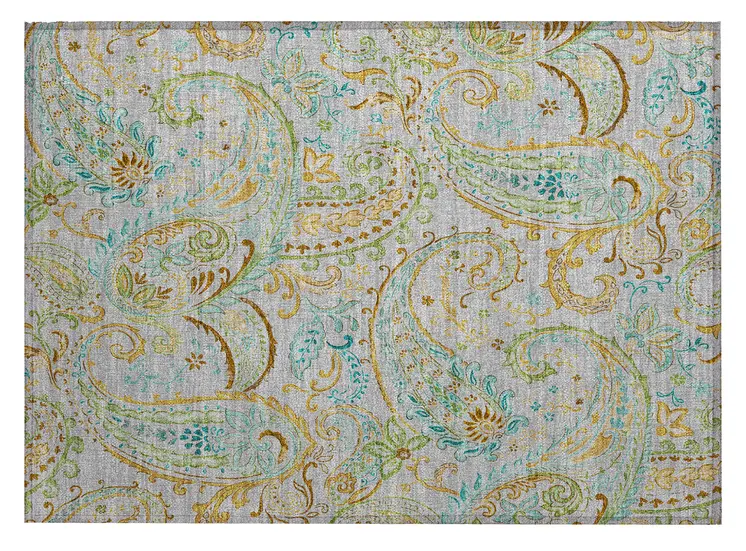 2' X 3' Gray and Gold Paisley Washable Non Skid Indoor Outdoor Area Rug