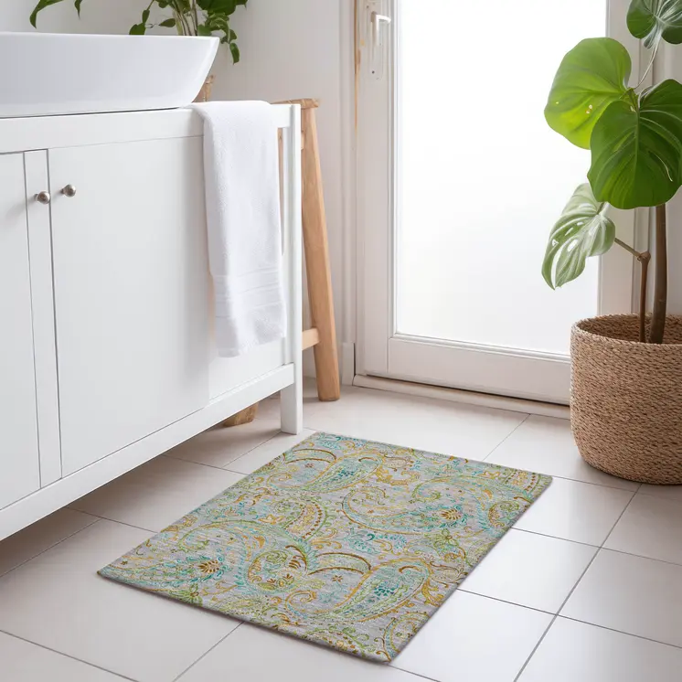 2' X 3' Gray and Gold Paisley Washable Non Skid Indoor Outdoor Area Rug