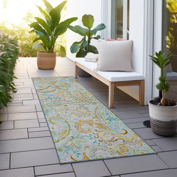 2' X 8' Gray and Gold Paisley Washable Non Skid Indoor Outdoor Runner Rug