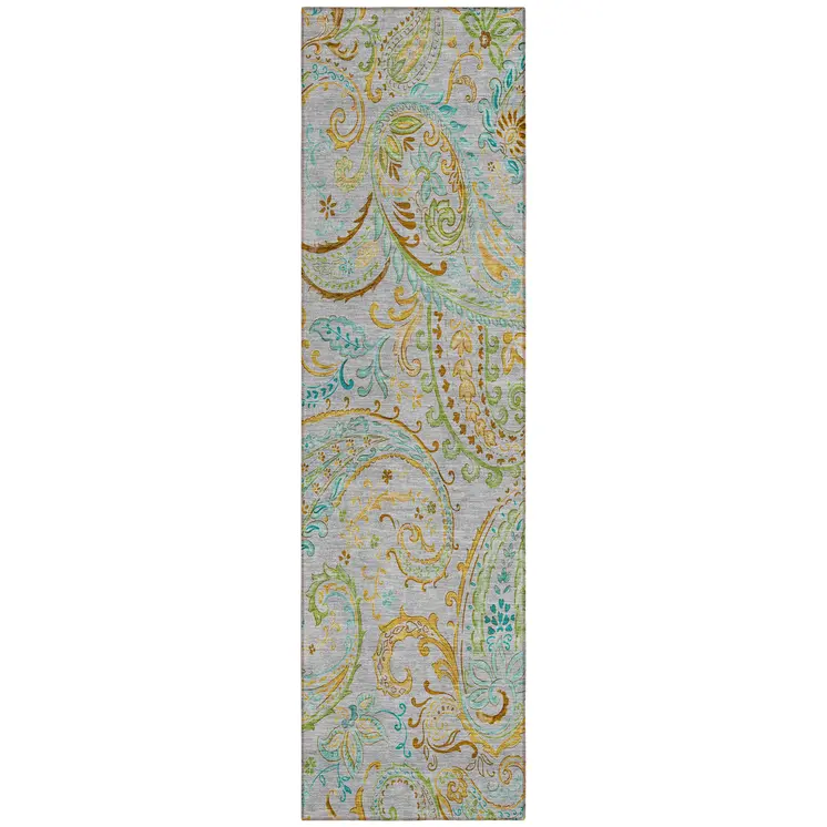 2' X 8' Gray and Gold Paisley Washable Non Skid Indoor Outdoor Runner Rug