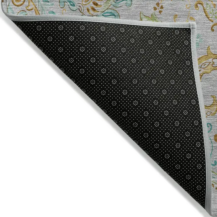 2' X 8' Gray and Gold Paisley Washable Non Skid Indoor Outdoor Runner Rug