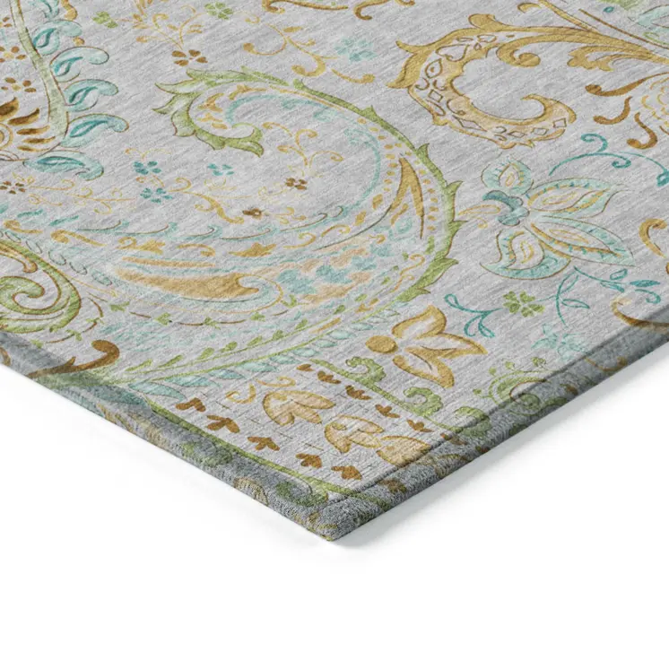 2' X 8' Gray and Gold Paisley Washable Non Skid Indoor Outdoor Runner Rug