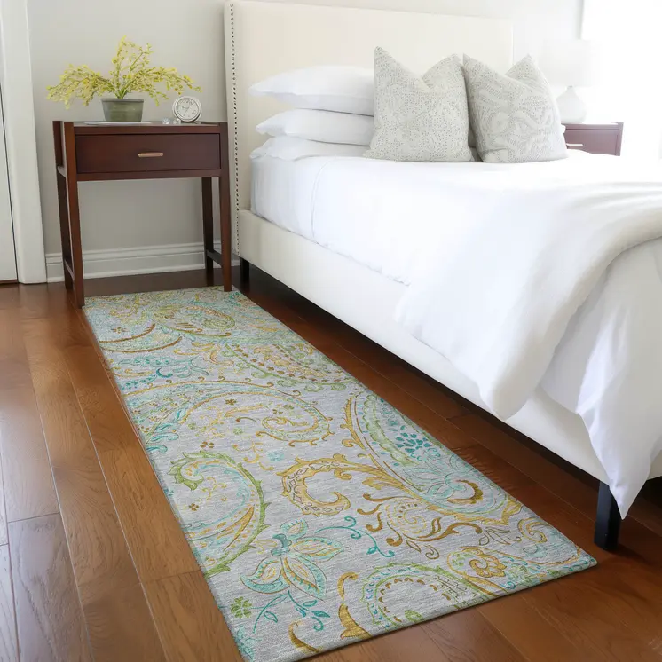 2' X 8' Gray and Gold Paisley Washable Non Skid Indoor Outdoor Runner Rug