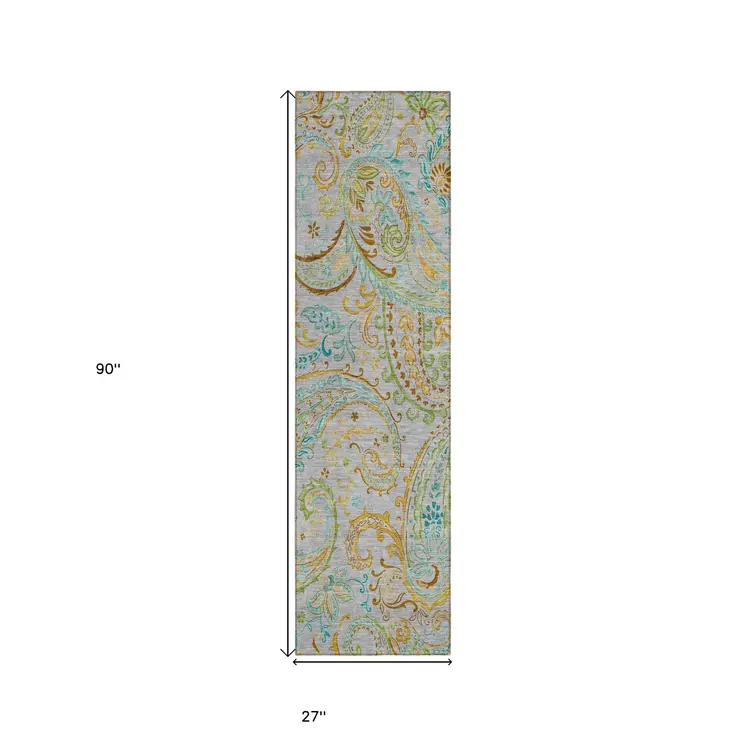 2' X 8' Gray and Gold Paisley Washable Non Skid Indoor Outdoor Runner Rug