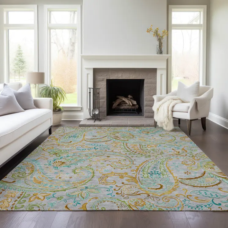 3' X 5' Gray and Gold Paisley Washable Non Skid Indoor Outdoor Area Rug