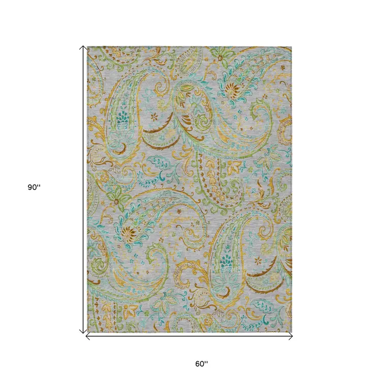 5' X 8' Gray and Gold Paisley Washable Non Skid Indoor Outdoor Area Rug