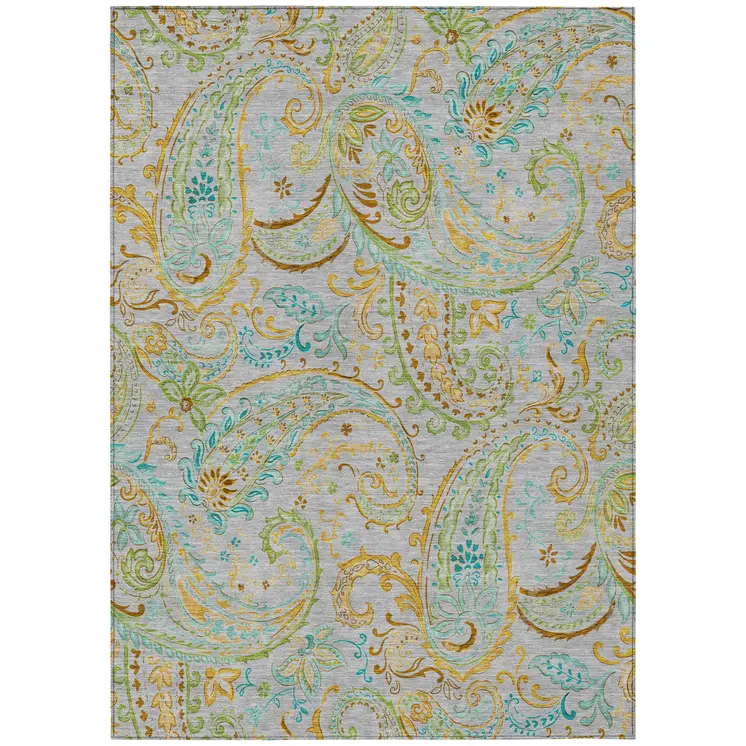 5' X 8' Gray and Gold Paisley Washable Non Skid Indoor Outdoor Area Rug