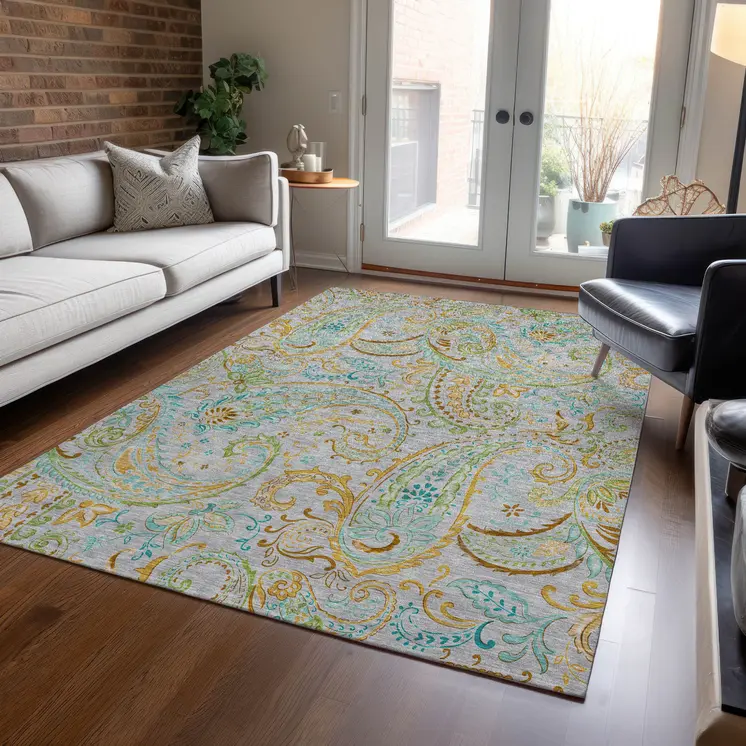 5' X 8' Gray and Gold Paisley Washable Non Skid Indoor Outdoor Area Rug