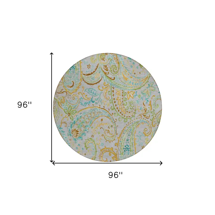 8' Round Gray and Gold Round Paisley Washable Non Skid Indoor Outdoor Area Rug