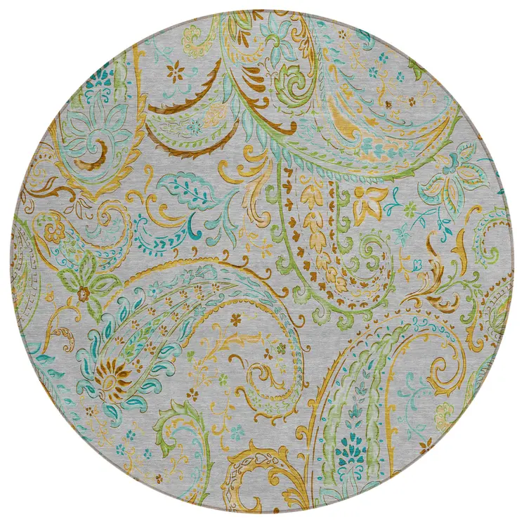 8' Round Gray and Gold Round Paisley Washable Non Skid Indoor Outdoor Area Rug