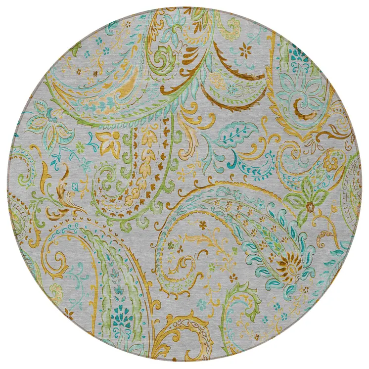 8' Round Gray and Gold Round Paisley Washable Non Skid Indoor Outdoor Area Rug