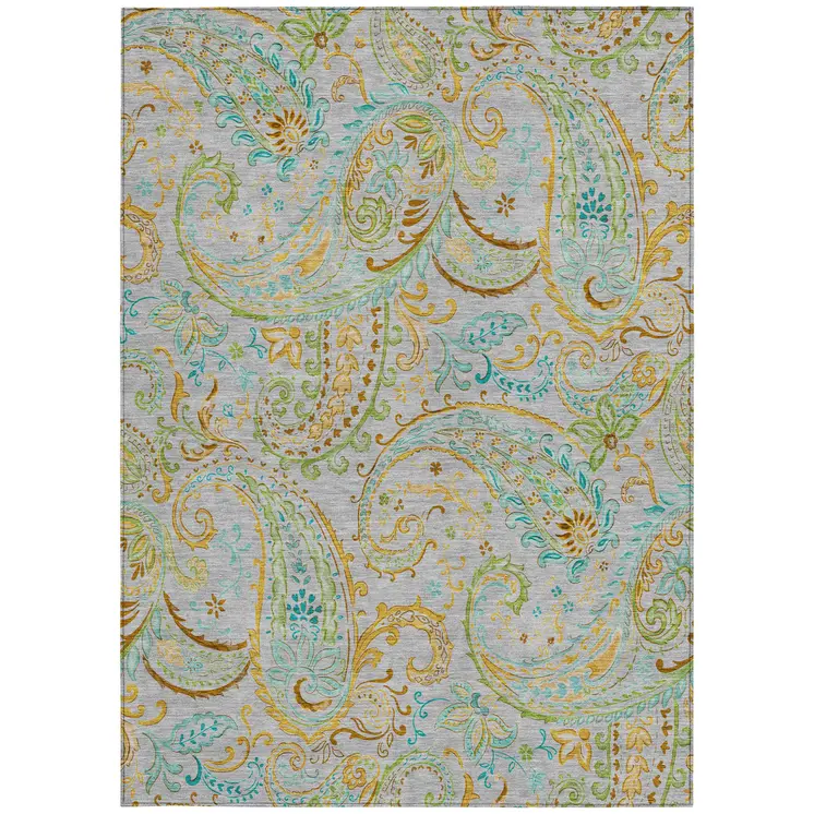 9' X 12' Gray and Gold Paisley Washable Non Skid Indoor Outdoor Area Rug