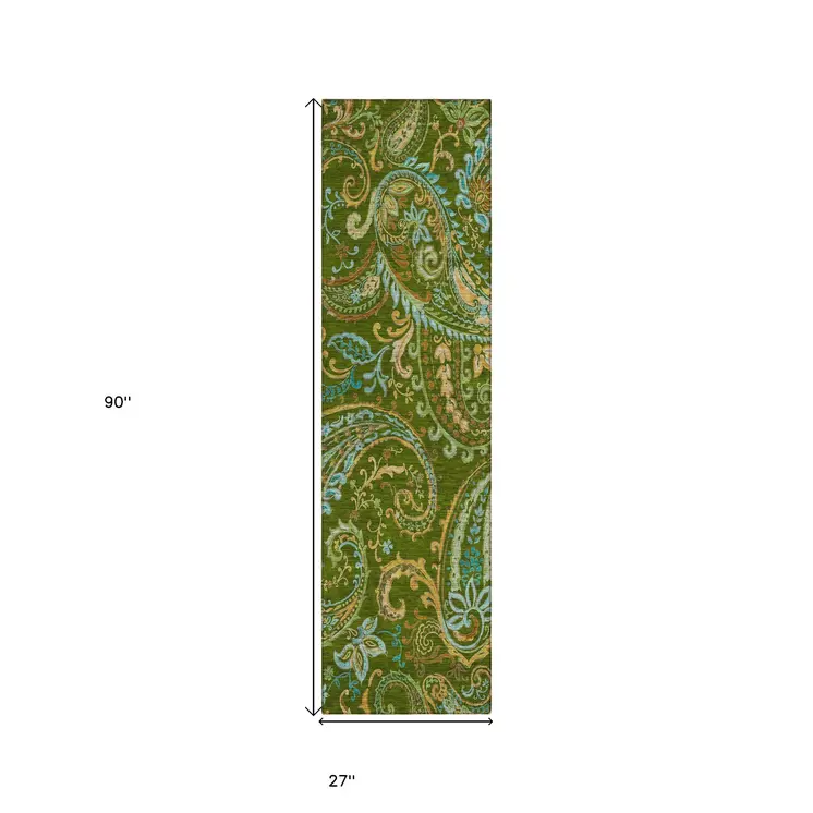 8' Runner Green Paisley Washable Non Skid Indoor Outdoor Runner Rug