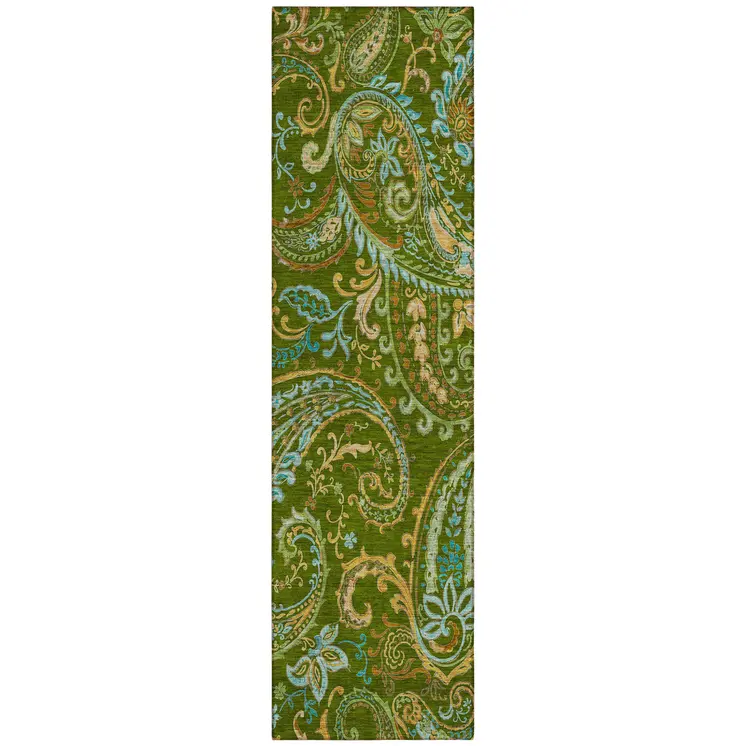 8' Runner Green Paisley Washable Non Skid Indoor Outdoor Runner Rug