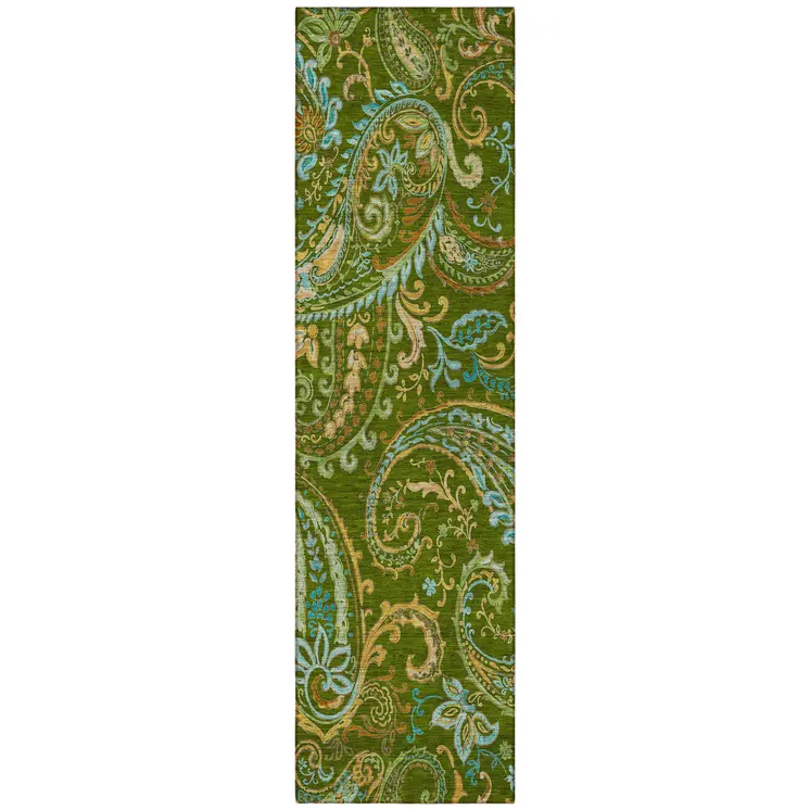 8' Runner Green Paisley Washable Non Skid Indoor Outdoor Runner Rug
