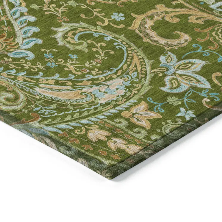 5' X 8' Green Paisley Washable Non Skid Indoor Outdoor Area Rug