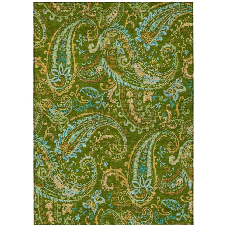 10' X 14' Green Paisley Washable Non Skid Indoor Outdoor Area Rug