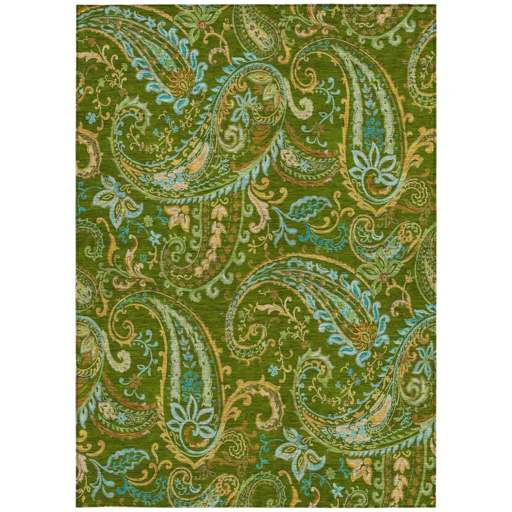 10' X 14' Green Paisley Washable Non Skid Indoor Outdoor Area Rug
