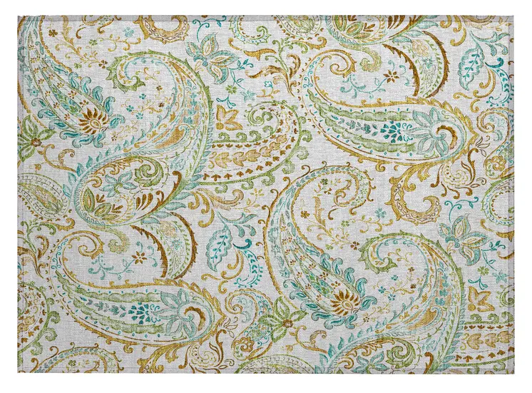 2' X 3' Ivory and Gold Paisley Washable Non Skid Indoor Outdoor Area Rug