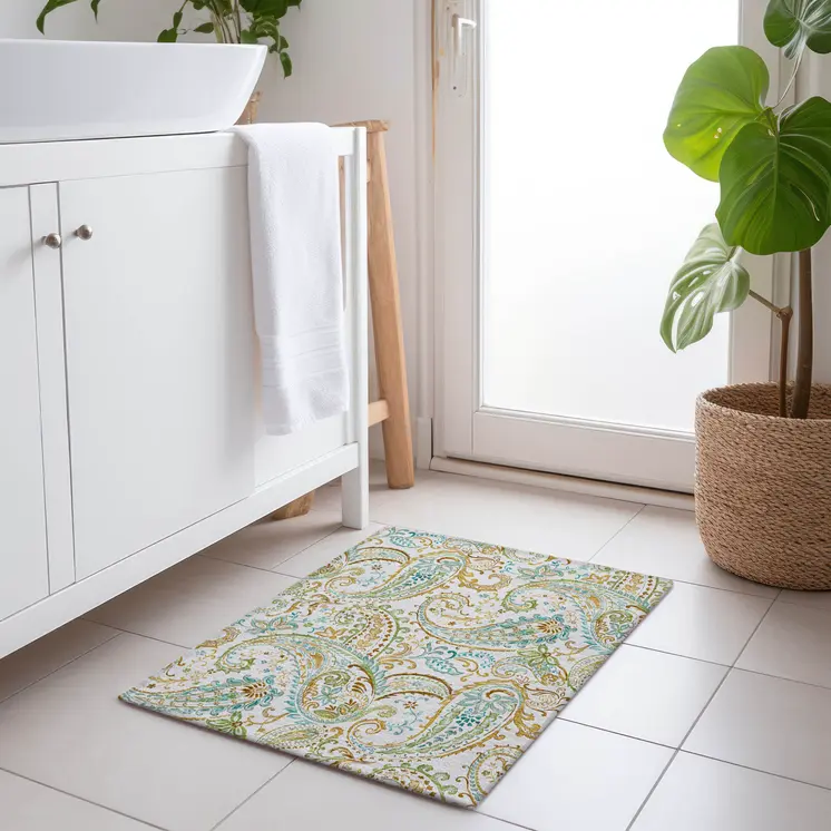 2' X 3' Ivory and Gold Paisley Washable Non Skid Indoor Outdoor Area Rug