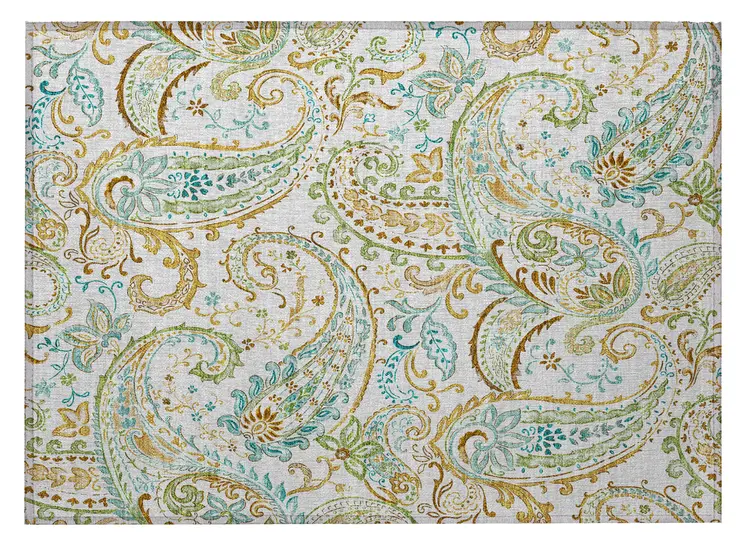 2' X 3' Ivory and Gold Paisley Washable Non Skid Indoor Outdoor Area Rug