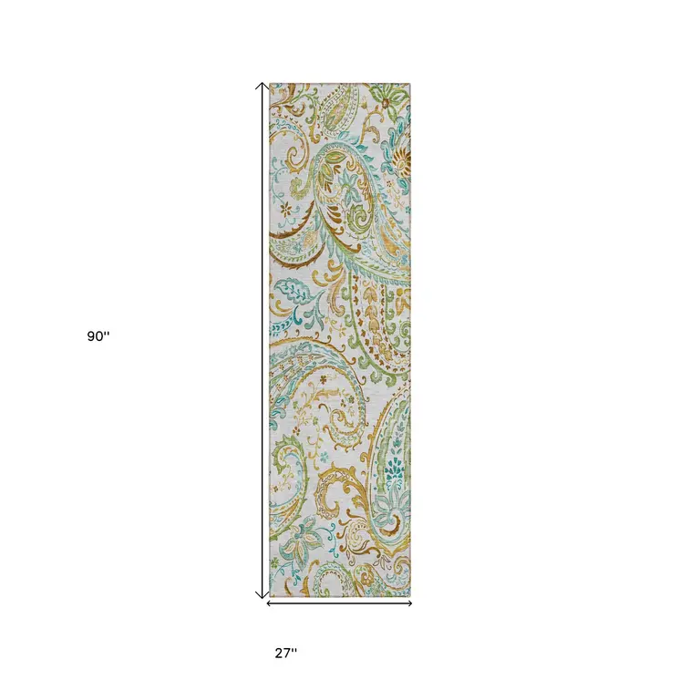 8' Runner Ivory and Gold Paisley Washable Non Skid Indoor Outdoor Runner Rug