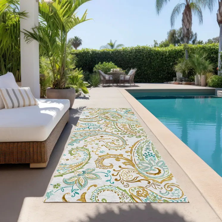 8' Runner Ivory and Gold Paisley Washable Non Skid Indoor Outdoor Runner Rug