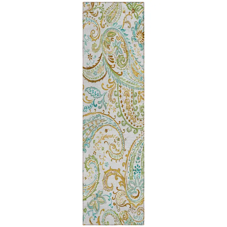 8' Runner Ivory and Gold Paisley Washable Non Skid Indoor Outdoor Runner Rug
