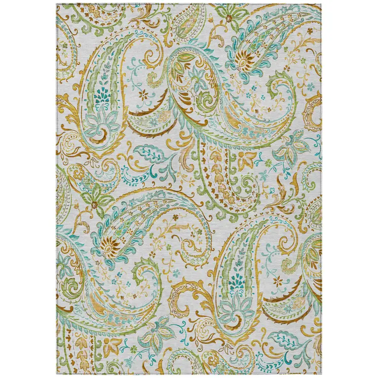 5' X 8' Ivory and Gold Paisley Washable Non Skid Indoor Outdoor Area Rug