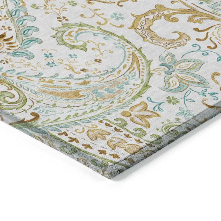 5' X 8' Ivory and Gold Paisley Washable Non Skid Indoor Outdoor Area Rug