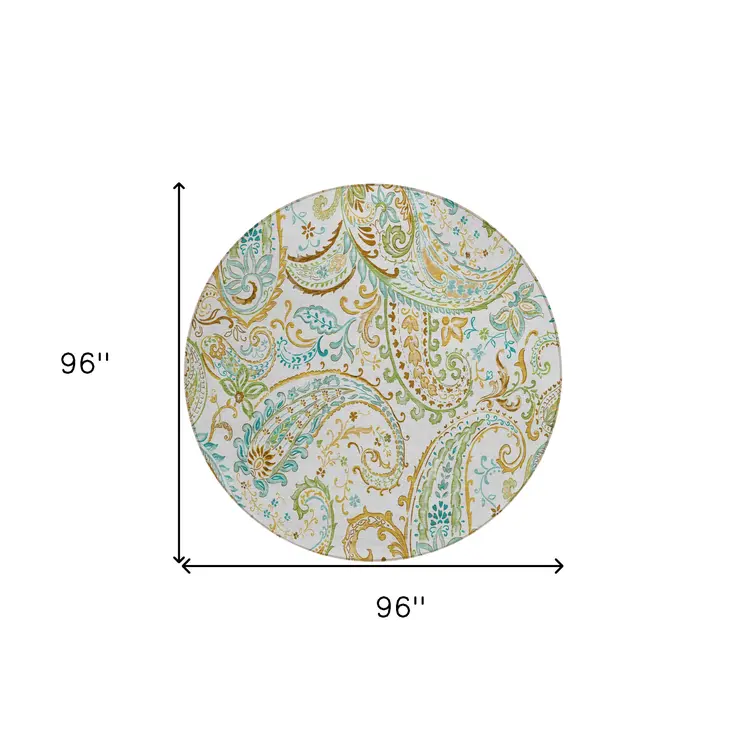 8' Round Ivory and Gold Round Paisley Washable Non Skid Indoor Outdoor Area Rug