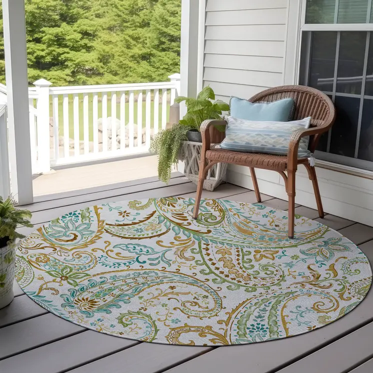 8' Round Ivory and Gold Round Paisley Washable Non Skid Indoor Outdoor Area Rug