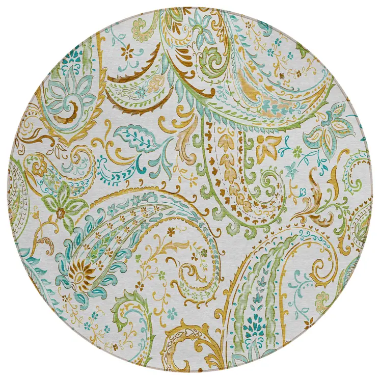 8' Round Ivory and Gold Round Paisley Washable Non Skid Indoor Outdoor Area Rug